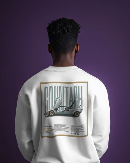 white sweatshirt with Lamborghini Countach print on the back