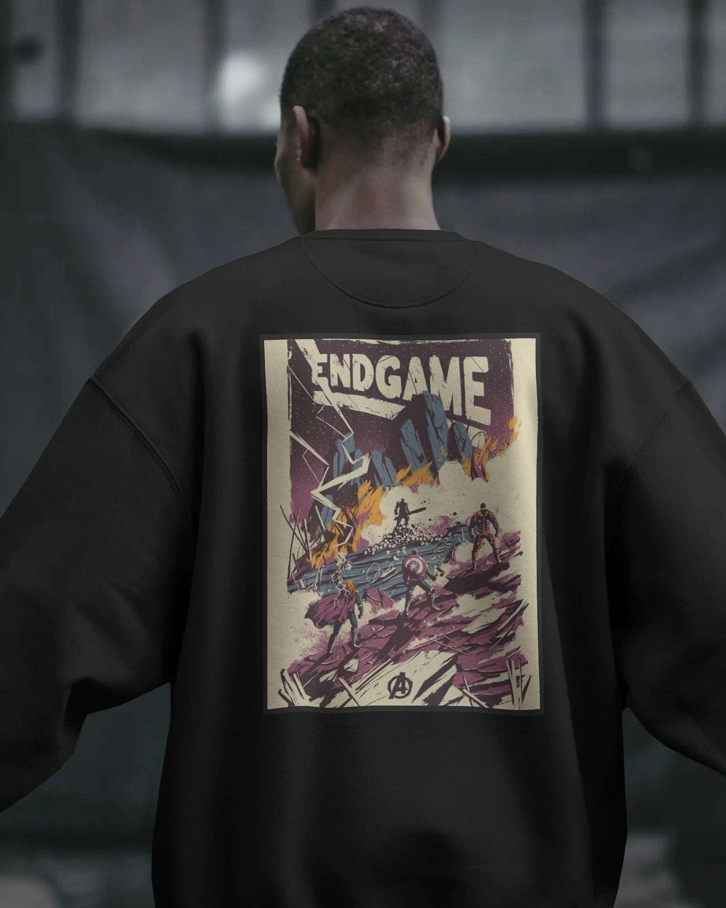 Endgame graphic print sweatshirt in black by Aethic Apparels, made with premium cotton fleece and unisex relaxed fit.