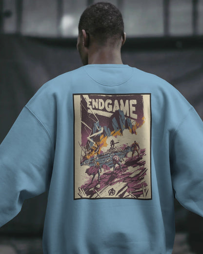 Endgame graphic print sweatshirt in baby blue by Aethic Apparels, made with premium cotton fleece and unisex relaxed fit.