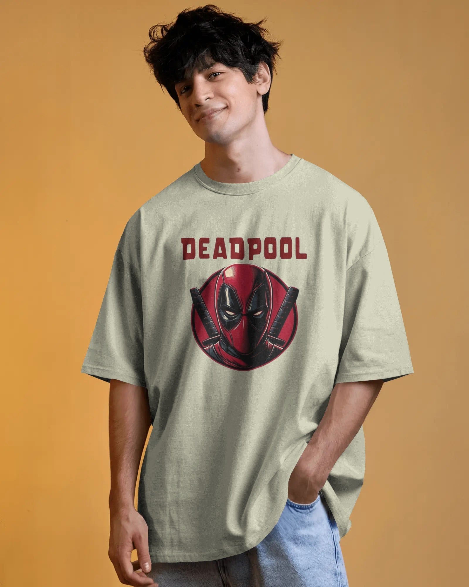 Person wearing a t-shirt with a Deadpool off white