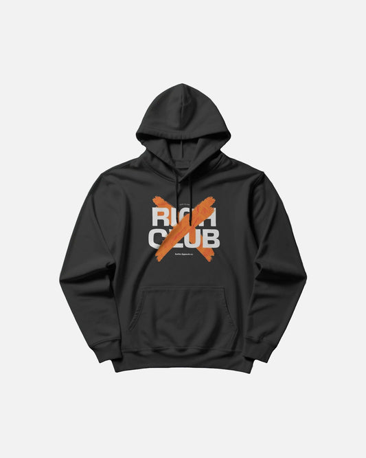 Black hoodie with 'Right Club' text and cross symbol on a light gray background