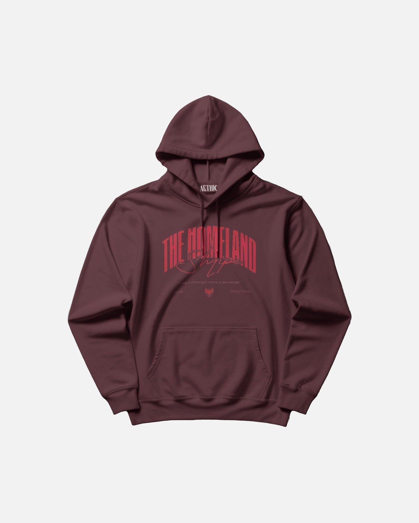 Colour_Maroon hoodie with red text on a white background