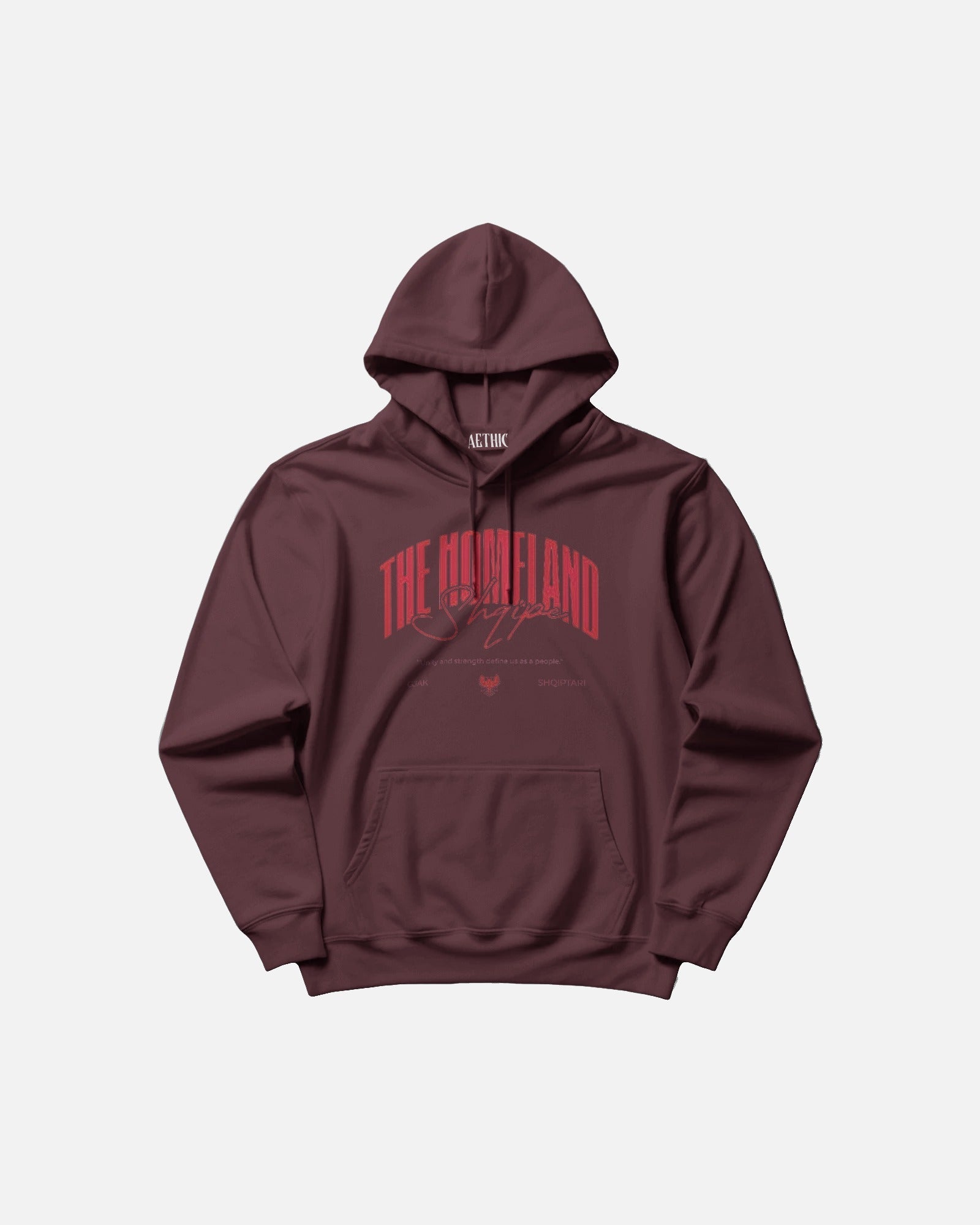 Colour_Maroon hoodie with red text on a white background