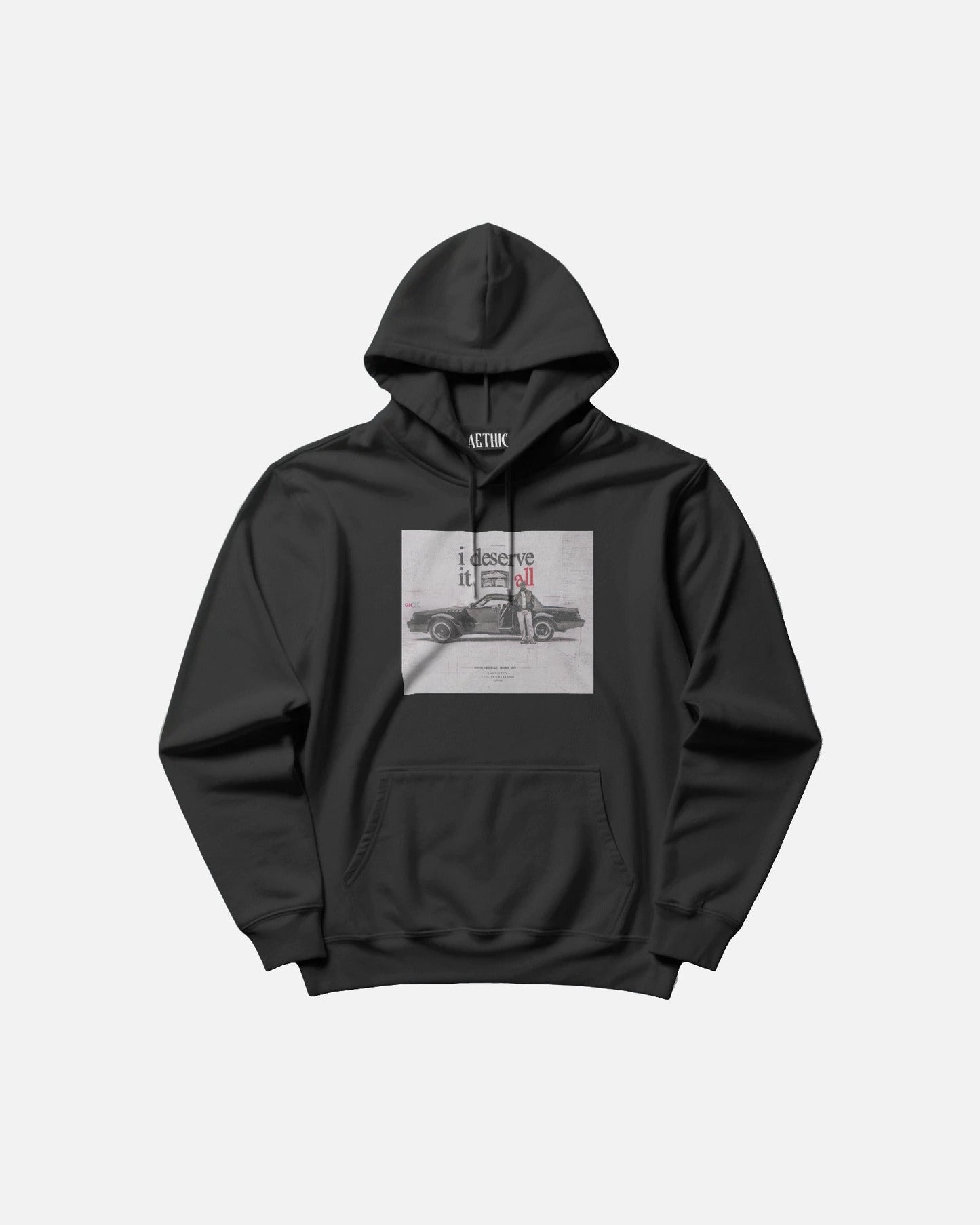 Black hoodie with a graphic design on the chest against a white background