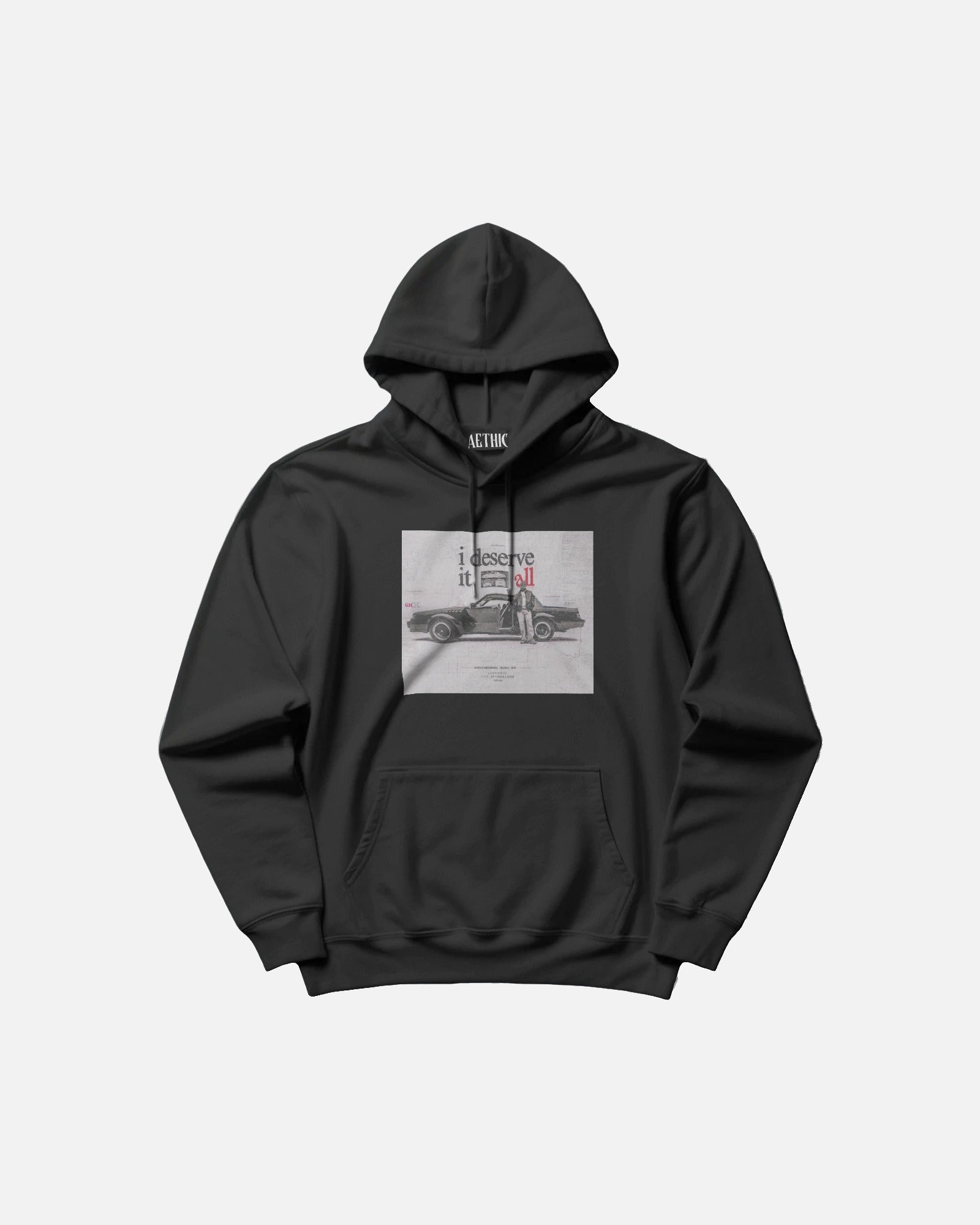 Black hoodie with a graphic design on the chest against a white background