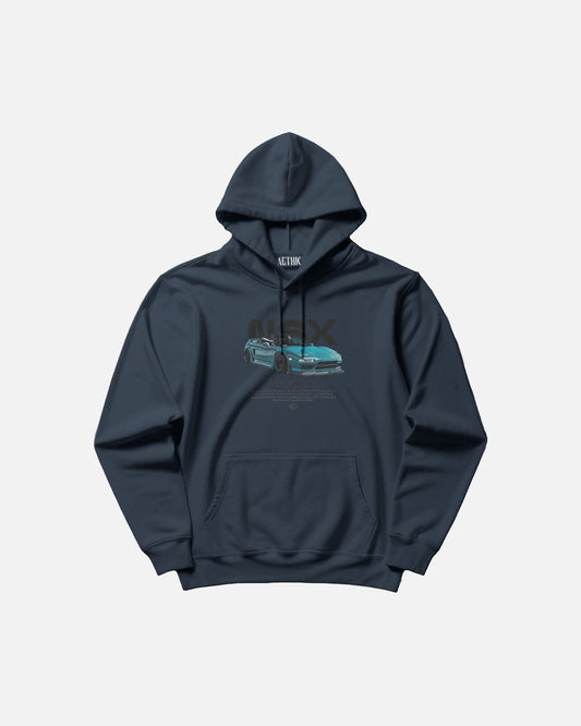 Colour_NavyBlue hoodie with graphic design on a light gray background