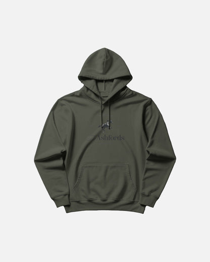 Olive Green hoodie with 'Ashfords' branding on a light gray background