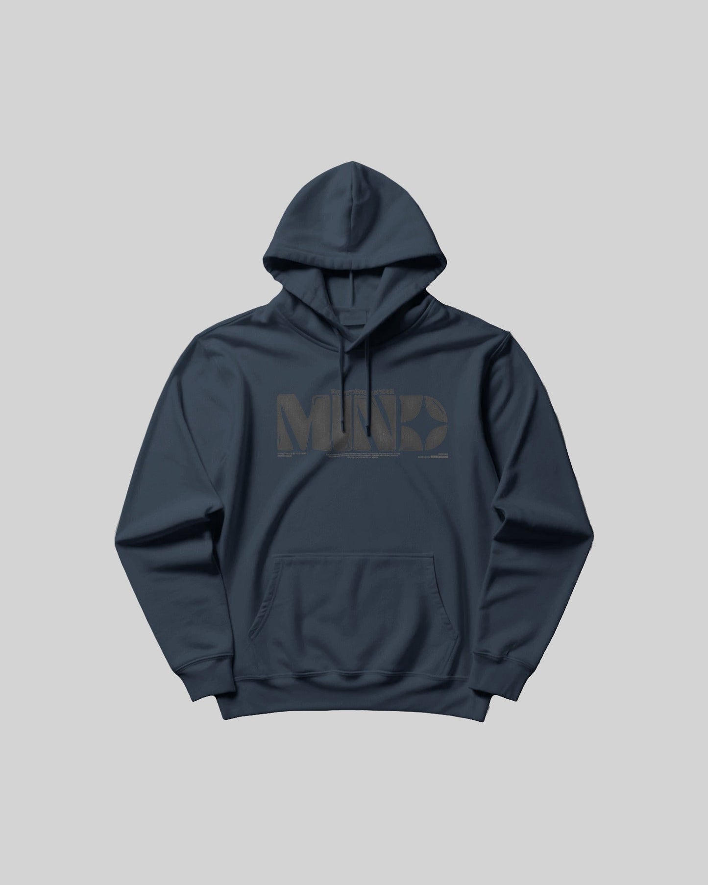Navy blue hoodie with a brand logo on the chest against a light gray background
