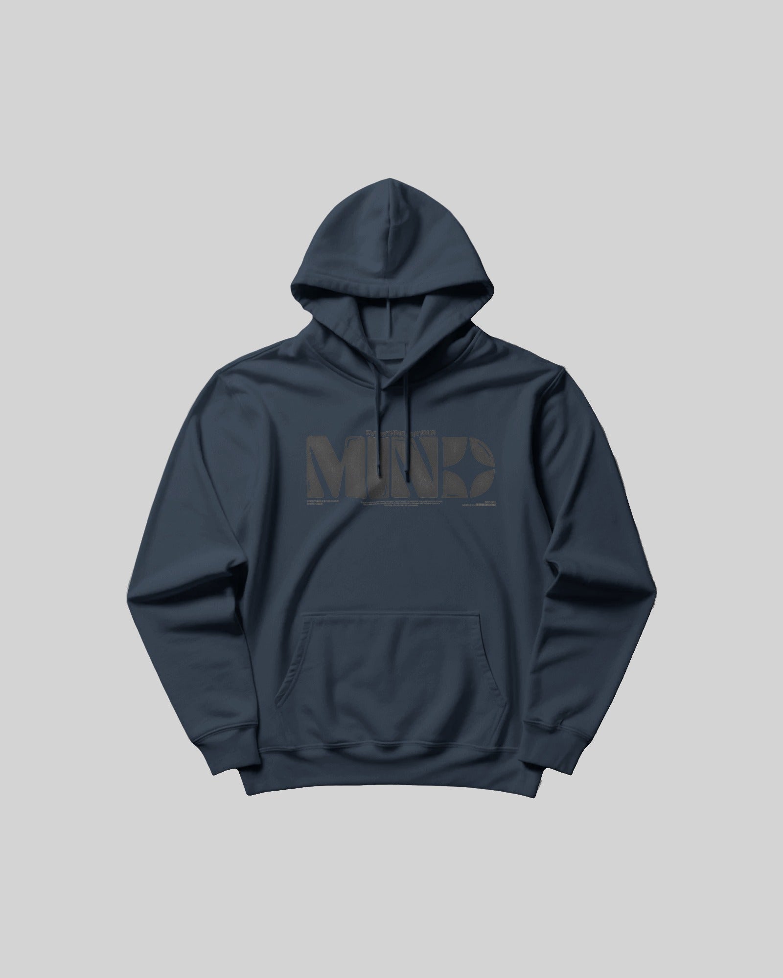 Navy blue hoodie with a brand logo on the chest against a light gray background