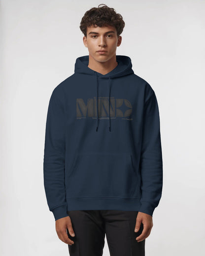 Person wearing a navy hoodie with a brand logo on a white background