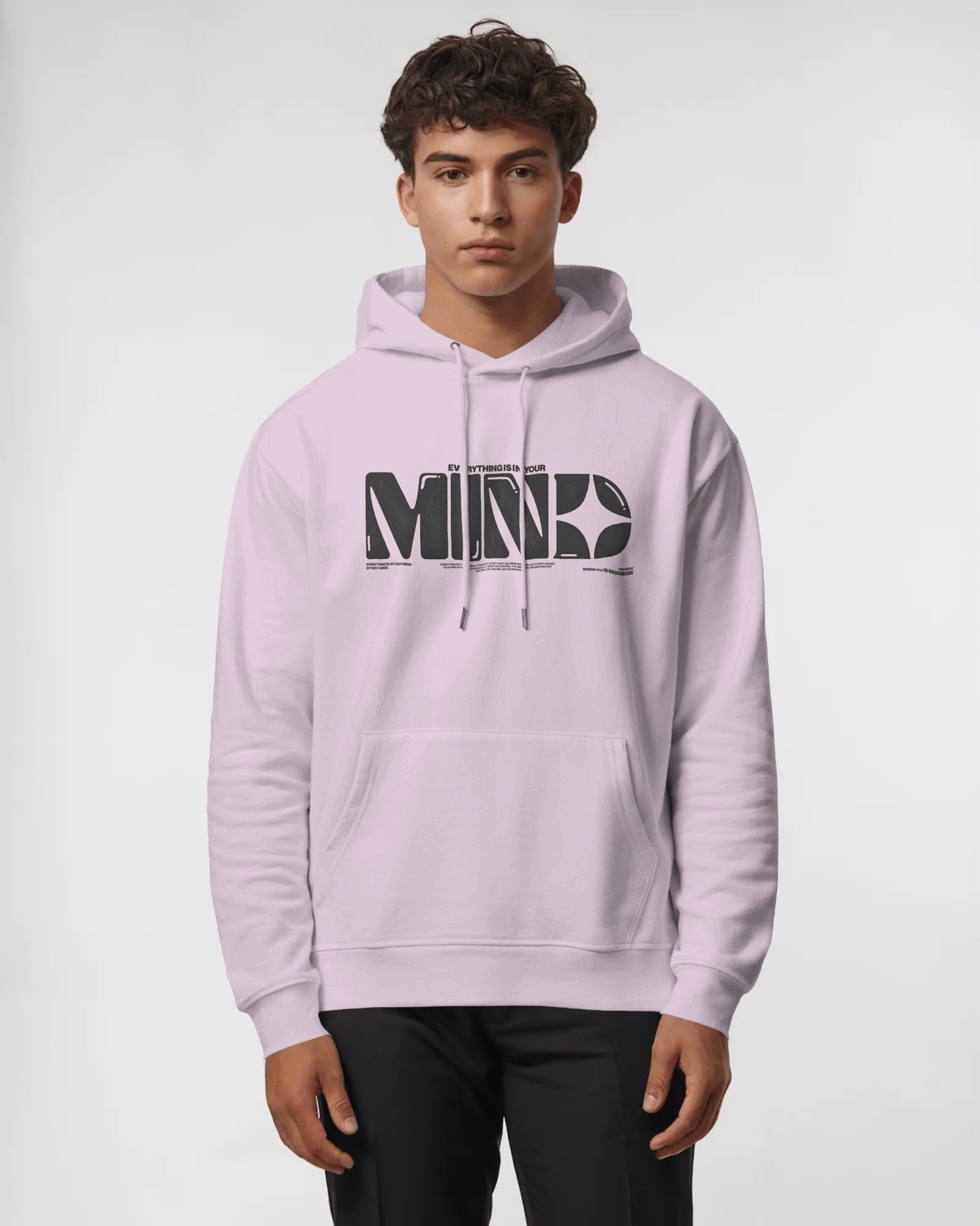 Person wearing a light purple hoodie with a logo on a white background