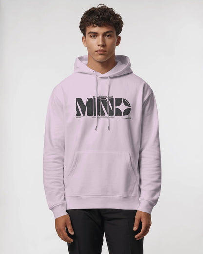 Person wearing a light purple hoodie with a logo on a white background