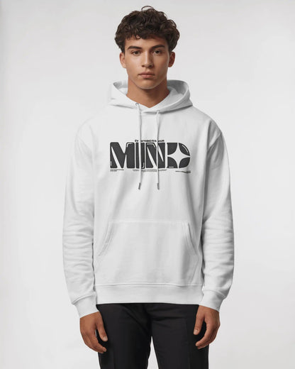 Person wearing a white hoodie with a logo on a plain background