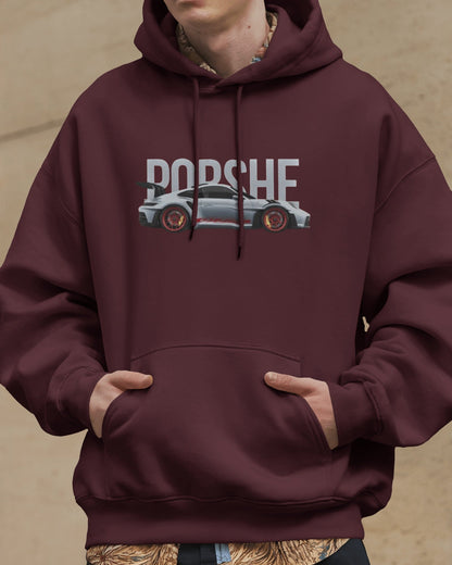 Colour_Maroon hoodie with Porsche logo and car graphic on a beige background