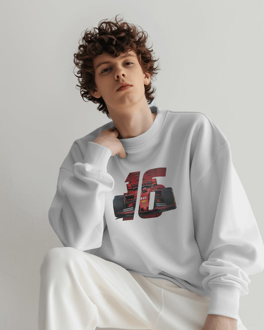 male model wearing white  racing graphic sweatshirt with bold F1 car design – Aethic Apparels streetwear