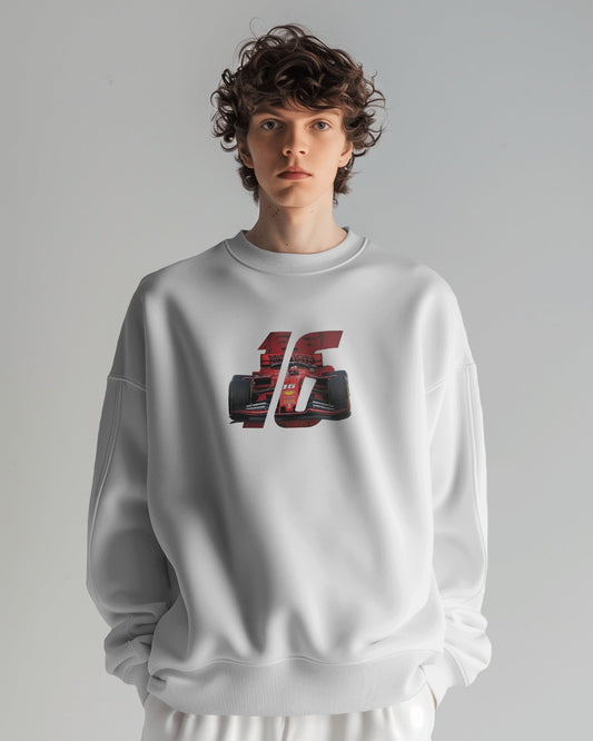 male model wearing white  racing graphic sweatshirt with bold F1 car design – Aethic Apparels streetwear