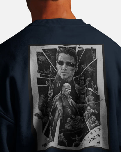 Matrix graphic print sweatshirt in dark blue by Aethic Apparels, made with 100% cotton fleece and unisex regular fit