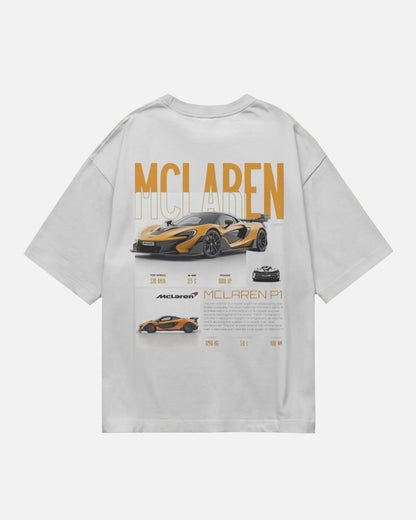 Colour_white t-shirt with McLaren logo and car graphics on a white background