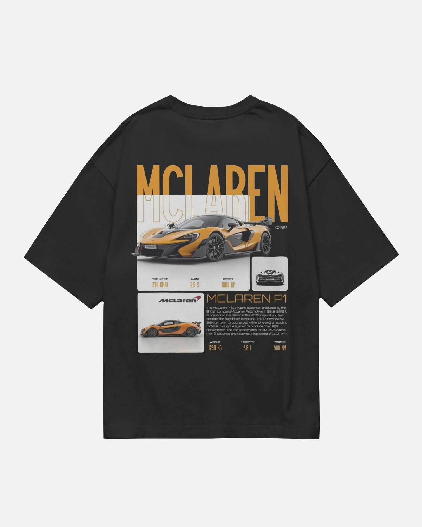 Colour_Black t-shirt with McLaren car graphics on a white background