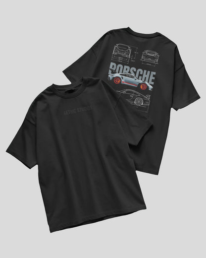 Black t-shirt with Porsche graphic on a gray background