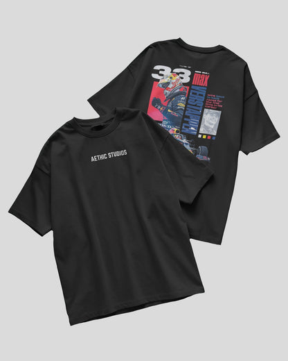 Two black t-shirts with graphic designs on a gray background