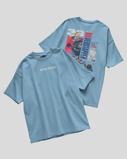 Baby blue t-shirt with graphic design on front and back on a light gray background