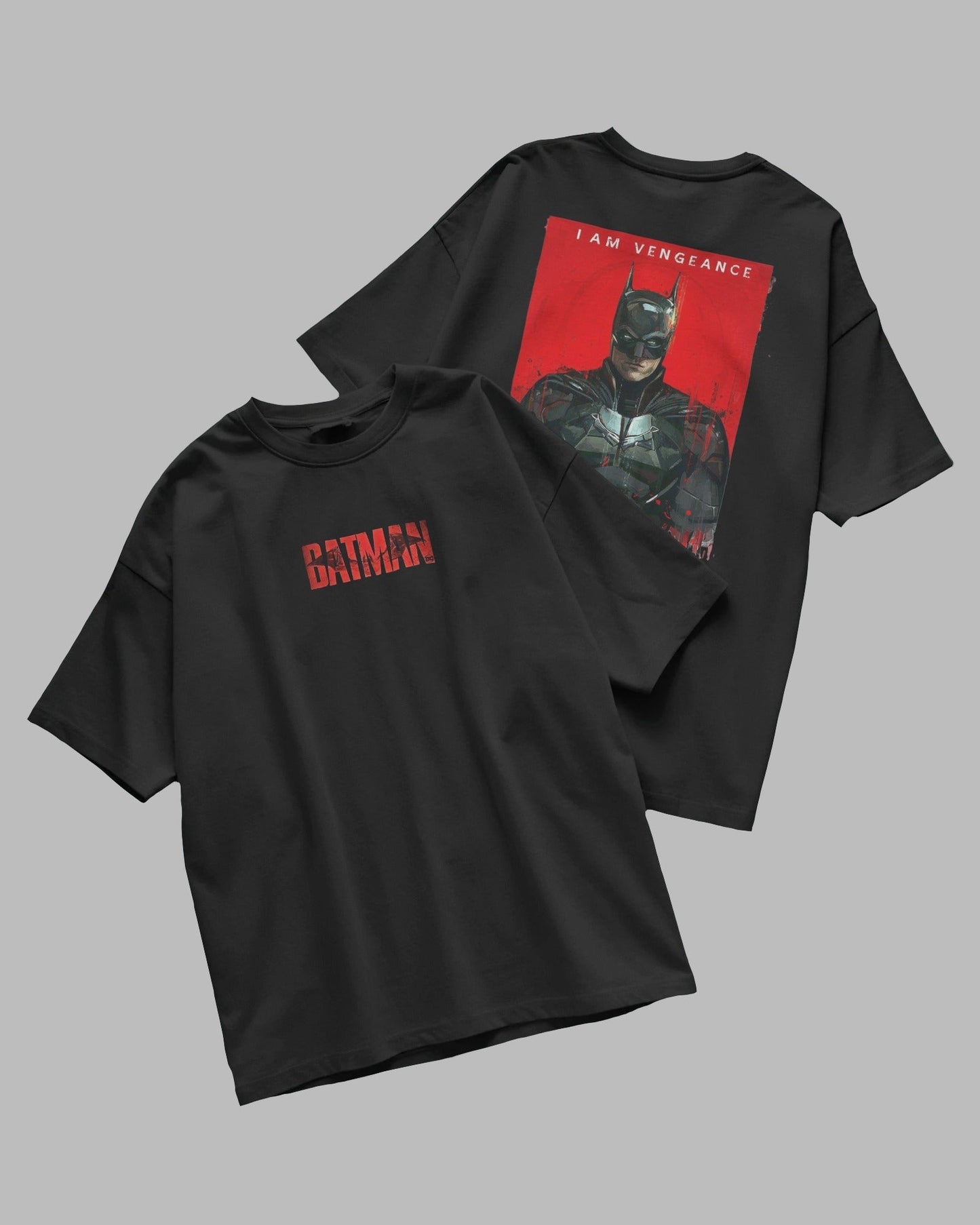 Black t-shirt with Batman graphic and text on a gray background