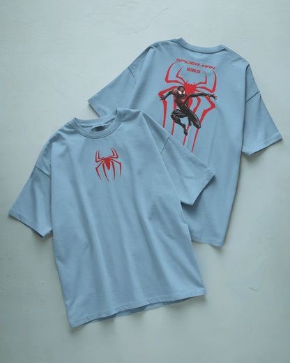 Two baby blue t-shirts with Spider-Man graphic on a gray background