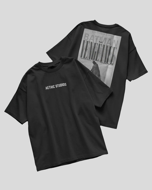 Black t-shirt with 'Aethic Studios' logo on front and graphic design on back, on a light gray background