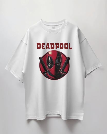 White t-shirt with Deadpool graphic on a light gray background