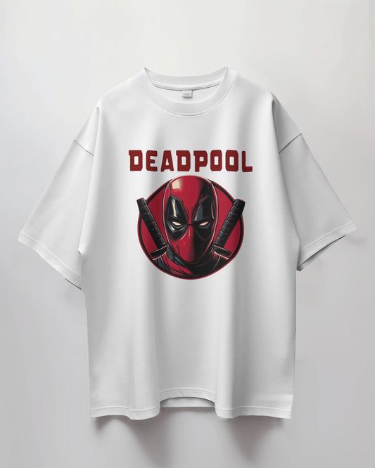 White t-shirt with Deadpool graphic on a light gray background