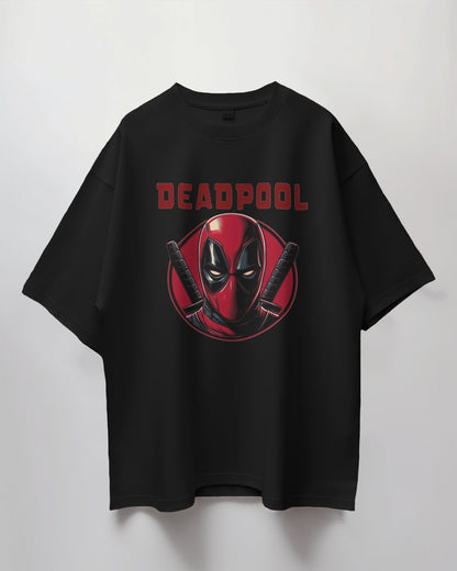 Black t-shirt with Deadpool graphic and logo on a white background