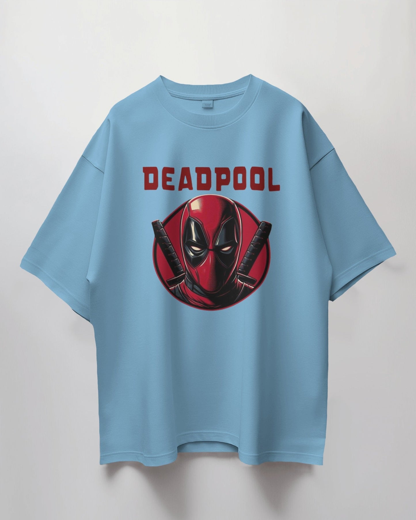 baby blue t-shirt with Deadpool graphic and text on a white background