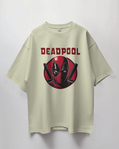 off white - shirt with Deadpool graphic on a light gray background