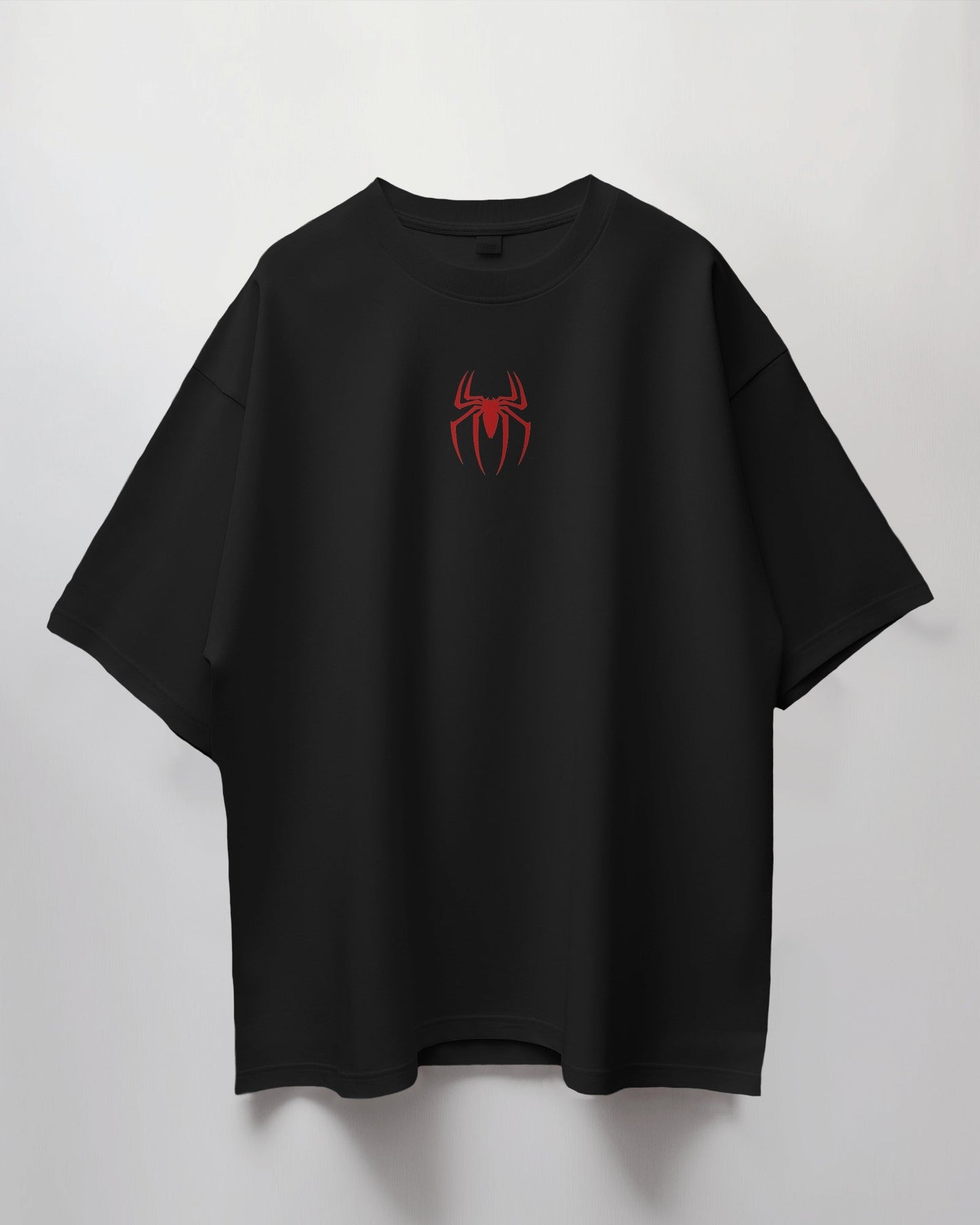 Colour_Black t-shirt with a red spider logo on a light gray background