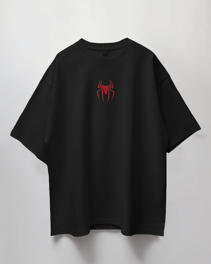 Colour_Black t-shirt with a red spider logo on a light gray background