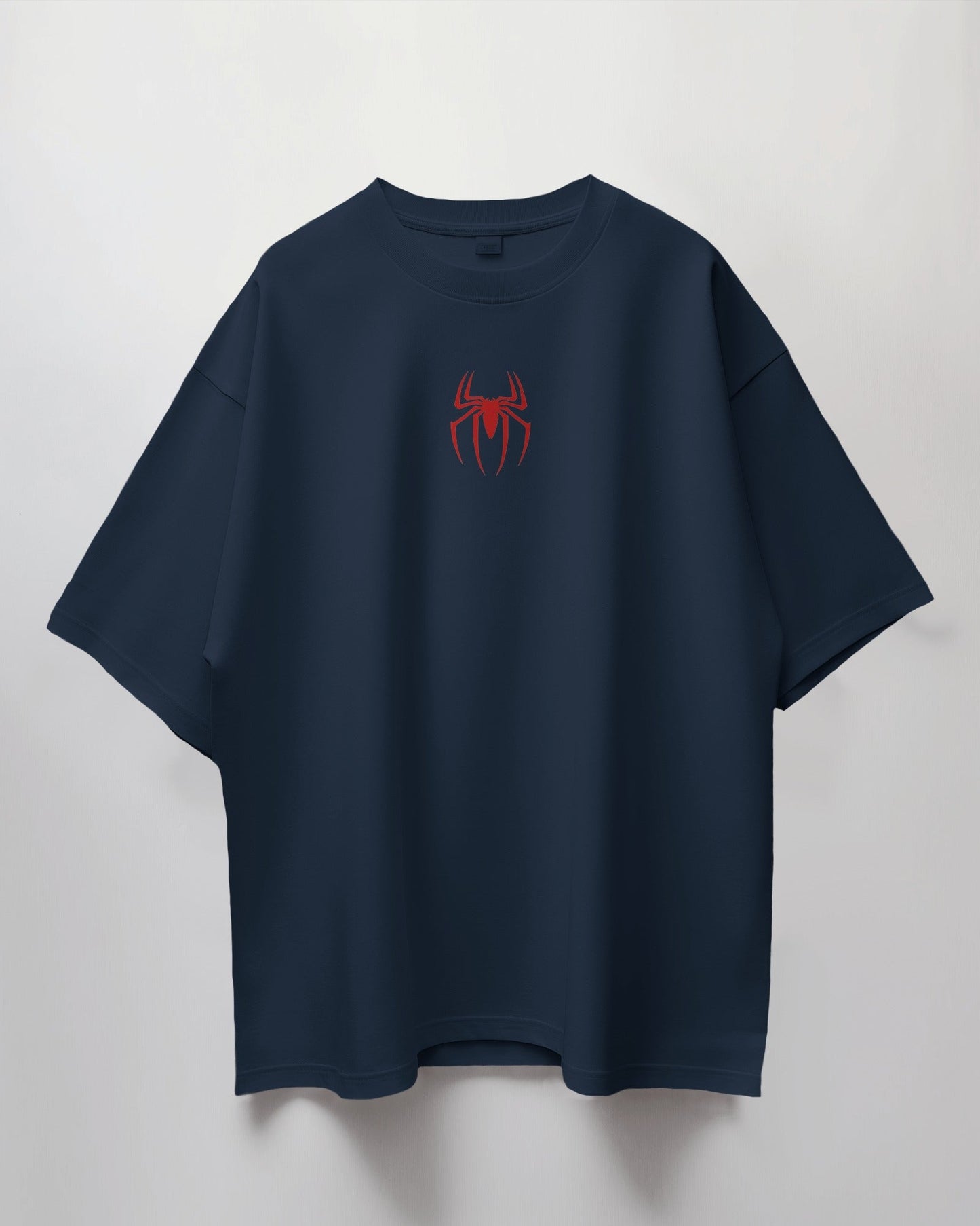 Colour_navy Blue t-shirt with a red spider logo on a light gray background