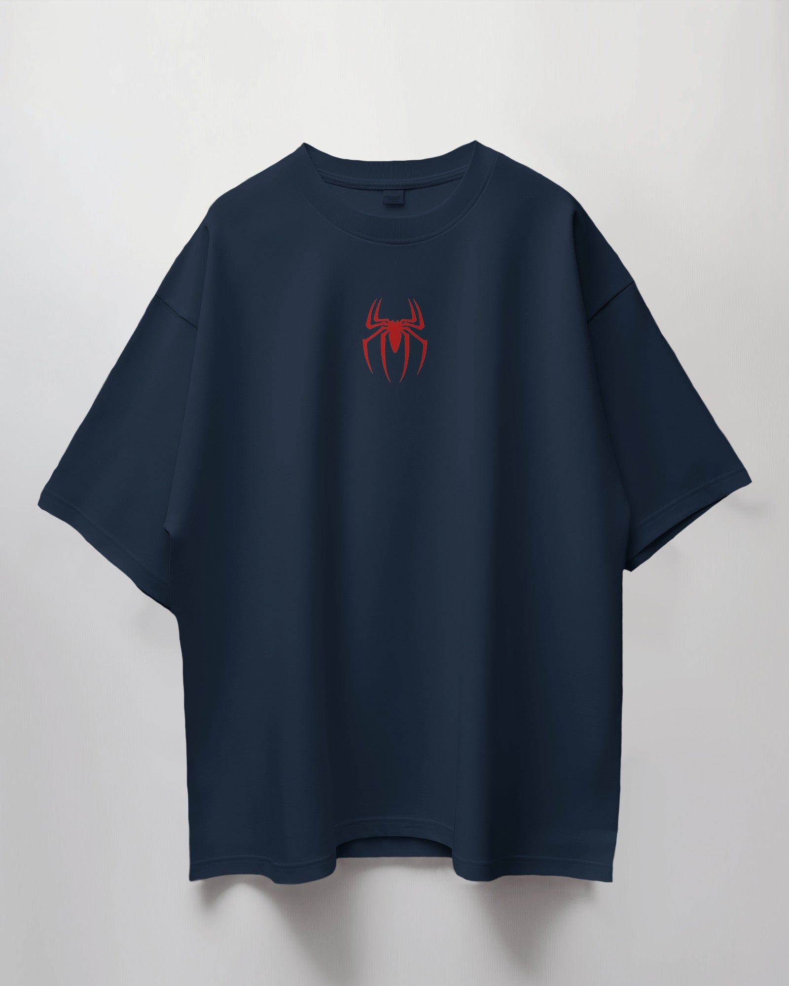Colour_navy Blue t-shirt with a red spider logo on a light gray background