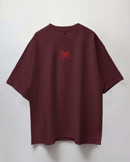Colour_maroon t-shirt with a red spider logo on a light gray background