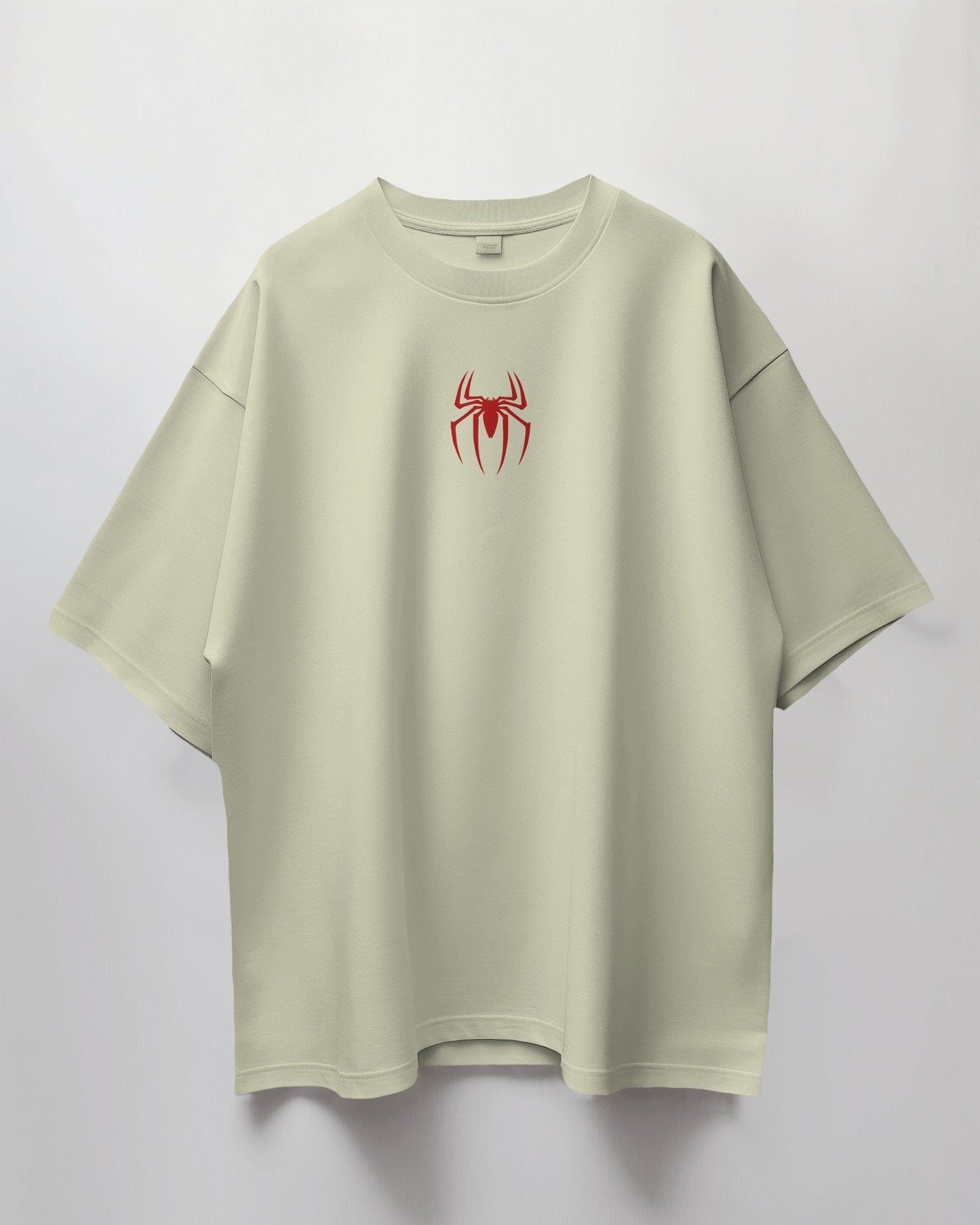 Colour_off White t-shirt with a red spider logo on a light gray background