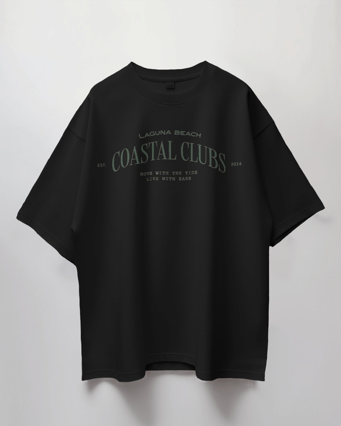 Colour_Black t-shirt with 'Coastal Clubs' text on a white background