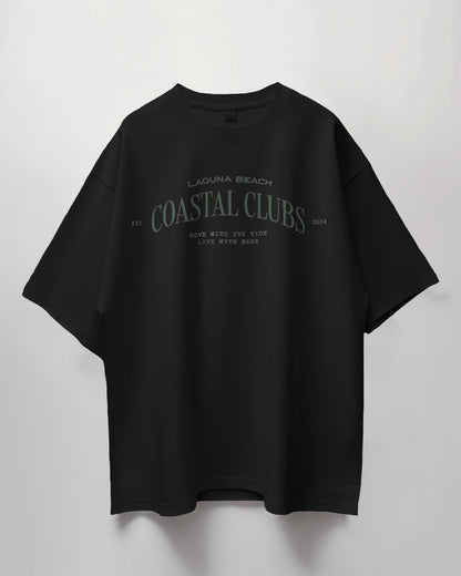 Colour_Black t-shirt with 'Coastal Clubs' text on a white background