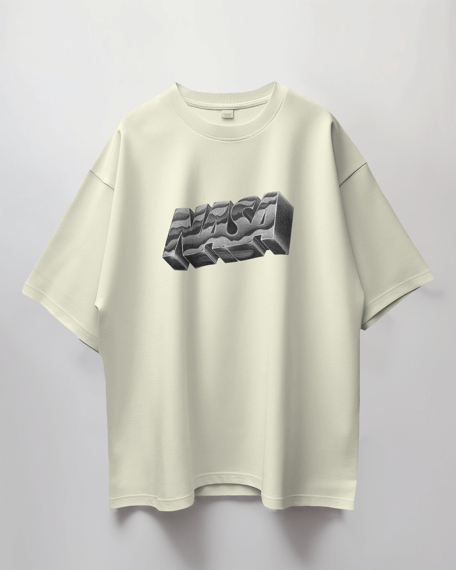 White NASA 3D graphic oversized T-shirt – minimal streetwear design for men