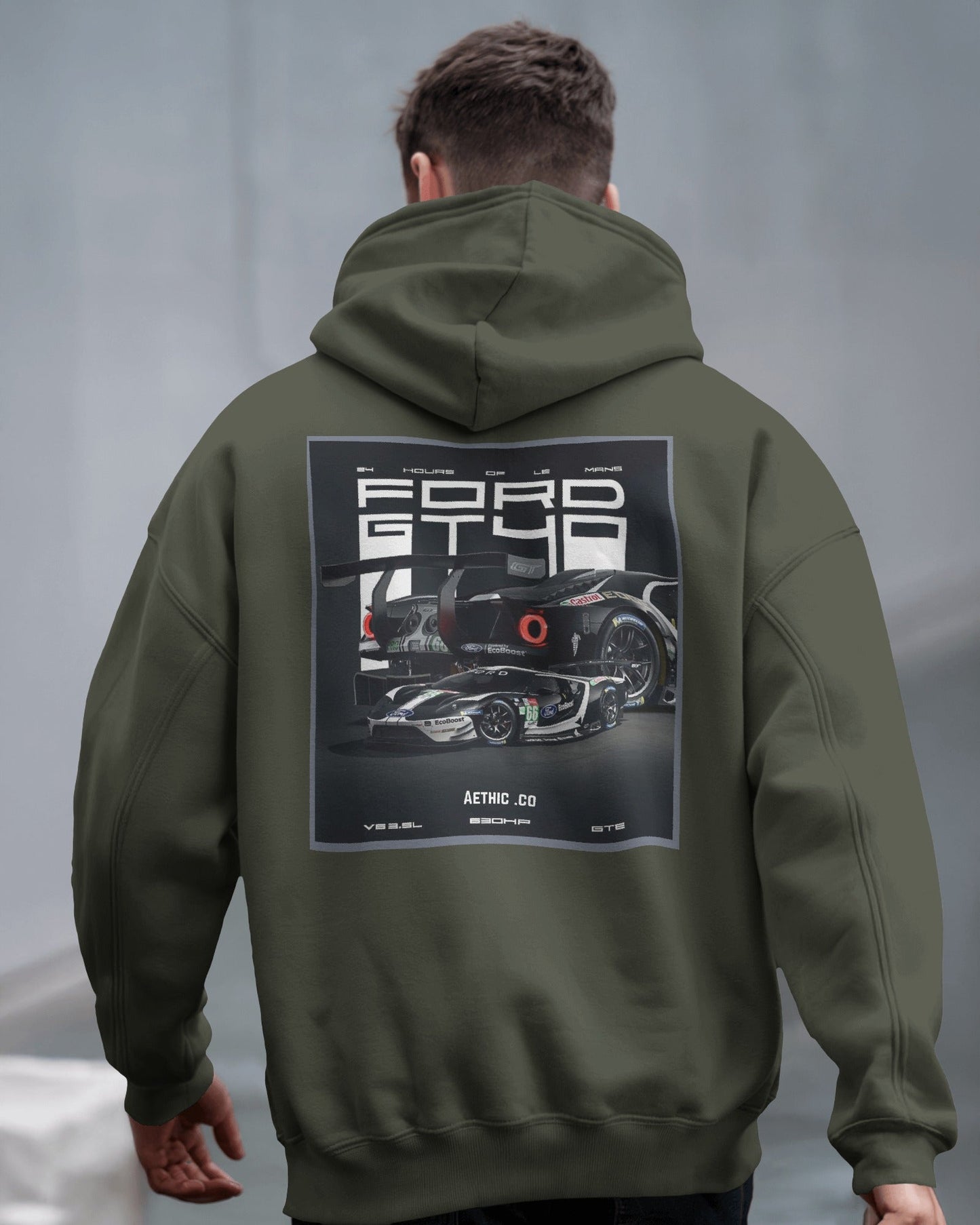 oversized Ford GT hoodie – rear design with motorsport car illustration – Aethic Apparels