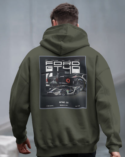 oversized Ford GT hoodie – rear design with motorsport car illustration – Aethic Apparels