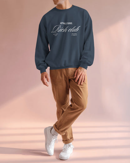Front view of oversized sweatshirt with Rich Club text design and relaxed fit