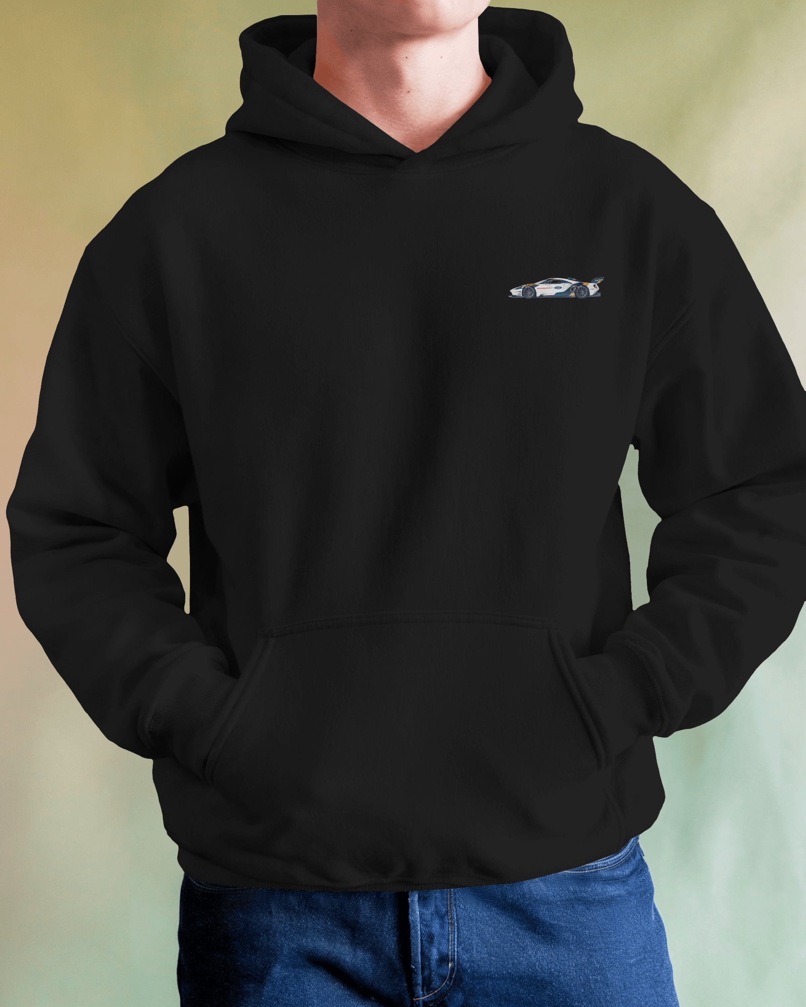 Black hoodie with a ford gt logo on the chest against a plain background
