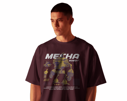 Man wearing aMaroon t-shirt with 'Mecha Robot' graphic design on a white background