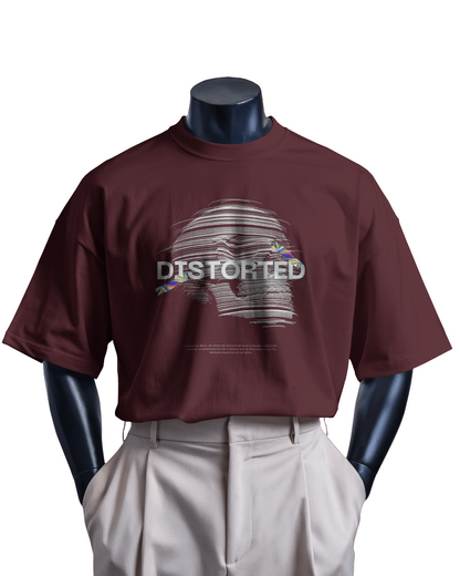 Maroon t-shirt with graphic design and 'DISTORTED' text on a mannequin against a white background