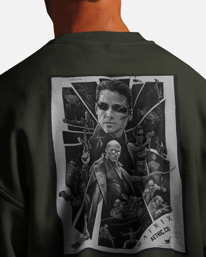 Matrix graphic print sweatshirt in dark green by Aethic Apparels, made with 100% cotton fleece and unisex regular fit